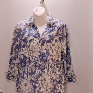 JM Collection Wo mens Size 10 Petite Linen Floral Long Sleeve Button Up Blouse